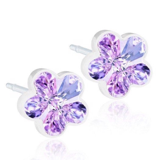 Blomdahl Flower Violet øreringe i medicinsk plastik med lilla zirkonia, Ø6 mm.
